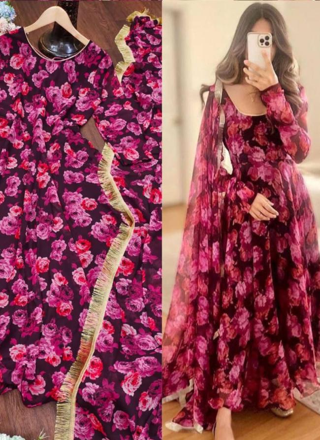 Geogette Pink Traditional Wear Printed Readymade Gown With Dupatta